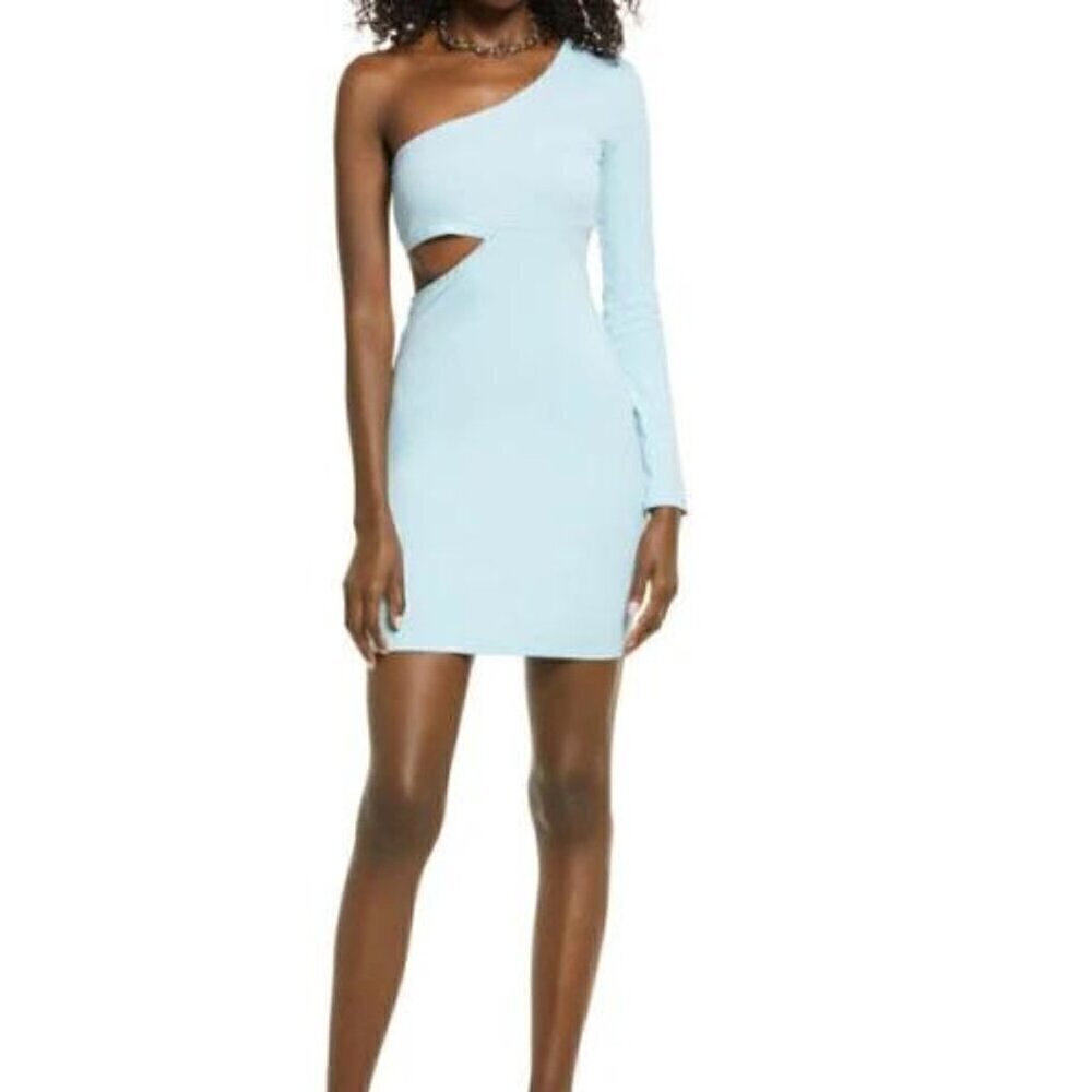 NEW Open Edit One-Sleeve Cutout Body-Con Minidress in Blue Glaze Size S